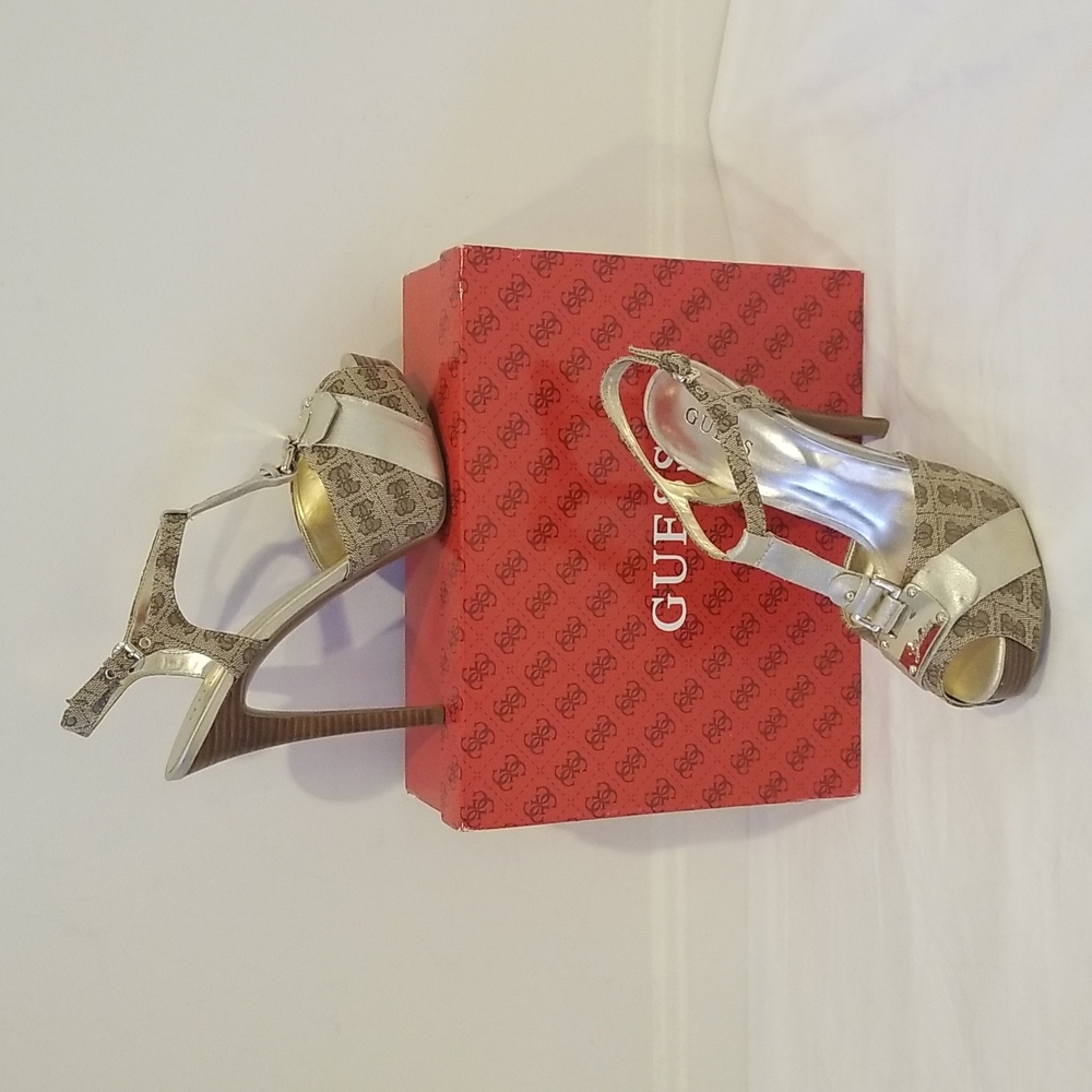 Guess Brown Multi Fabric Open Toe T-Strap Heels